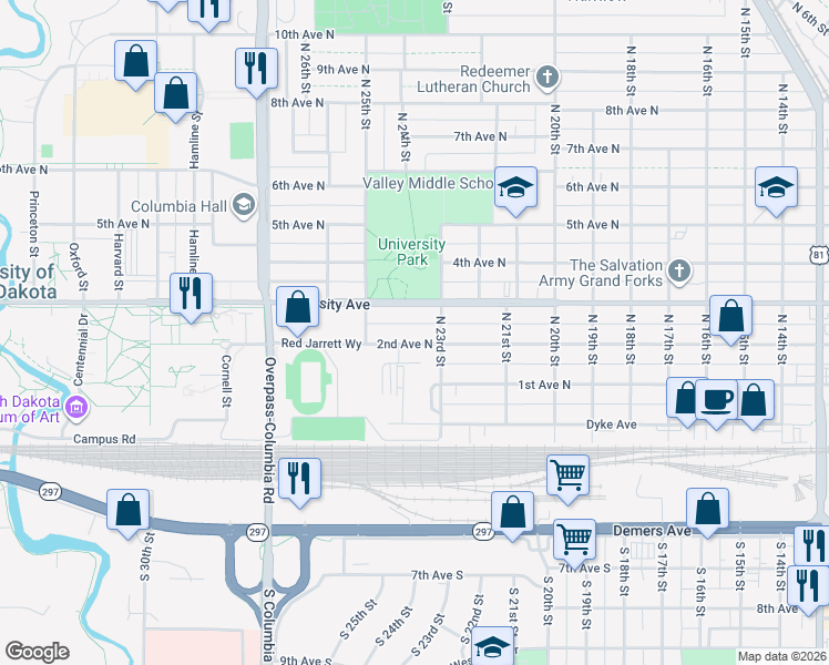 map of restaurants, bars, coffee shops, grocery stores, and more near 2313 University Avenue in Grand Forks