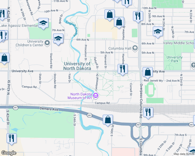 map of restaurants, bars, coffee shops, grocery stores, and more near in Grand Forks