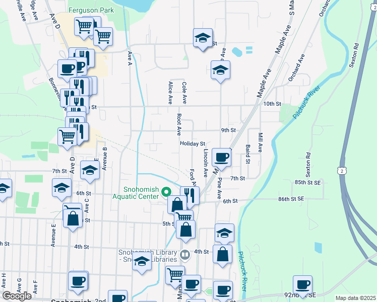map of restaurants, bars, coffee shops, grocery stores, and more near 820 Ford Avenue in Snohomish