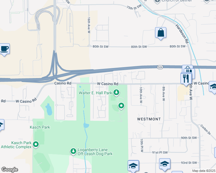 map of restaurants, bars, coffee shops, grocery stores, and more near 1410 West Casino Road in Everett