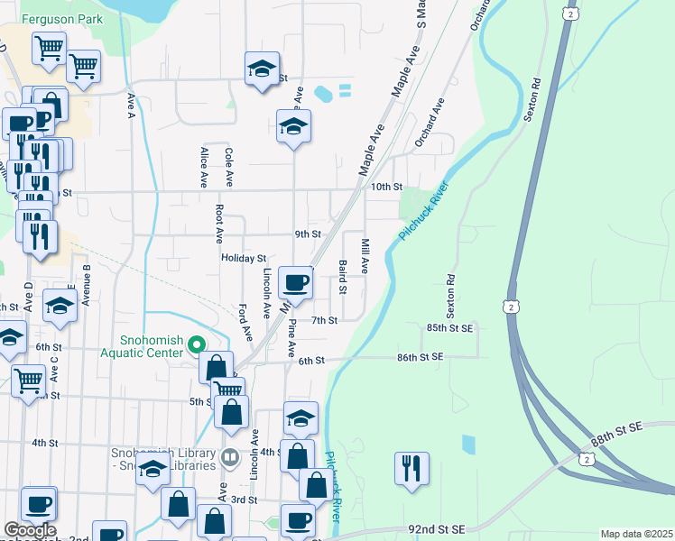 map of restaurants, bars, coffee shops, grocery stores, and more near 800 Baird Ave in Snohomish