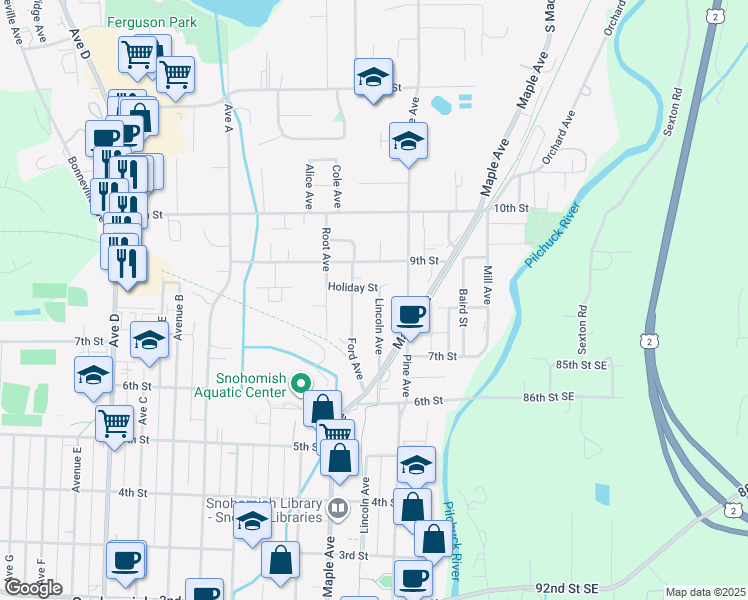 map of restaurants, bars, coffee shops, grocery stores, and more near 804 Lincoln Avenue in Snohomish