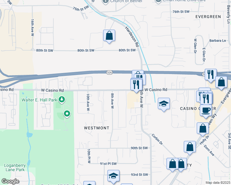 map of restaurants, bars, coffee shops, grocery stores, and more near 805 West Casino Road in Everett