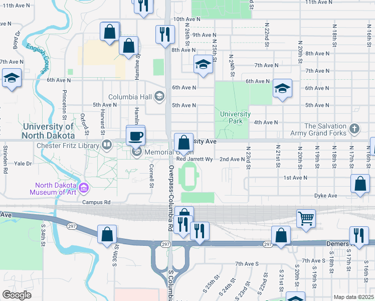 map of restaurants, bars, coffee shops, grocery stores, and more near 2601-2699 University Ave in Grand Forks