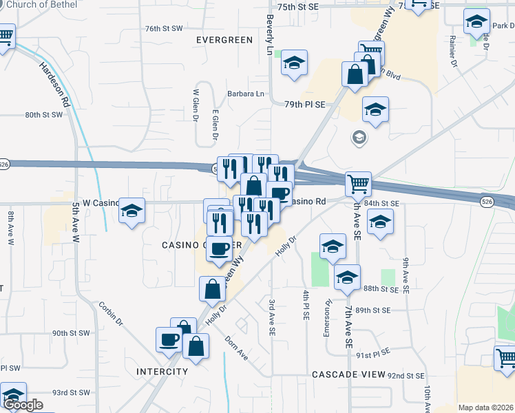 map of restaurants, bars, coffee shops, grocery stores, and more near 231-309 East Casino Road in Everett