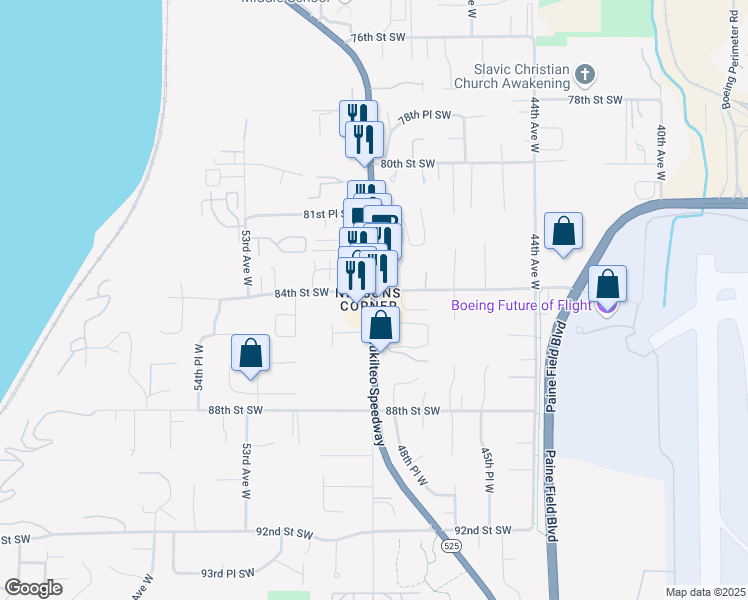 map of restaurants, bars, coffee shops, grocery stores, and more near 8410 Mukilteo Speedway in Mukilteo