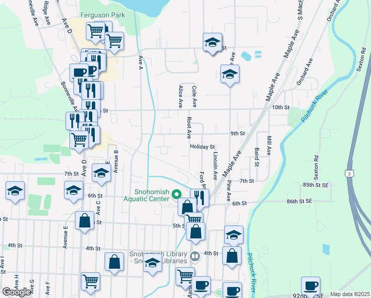 map of restaurants, bars, coffee shops, grocery stores, and more near 824 Root Avenue in Snohomish