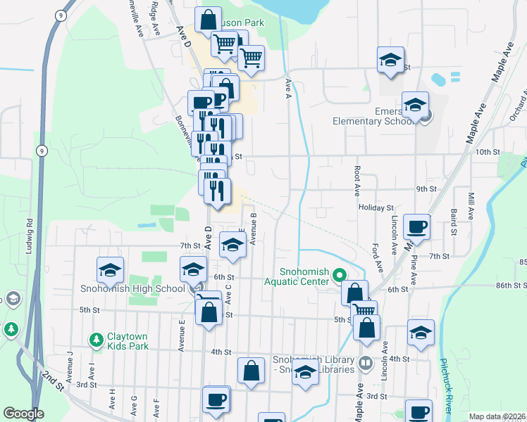 map of restaurants, bars, coffee shops, grocery stores, and more near 802 Avenue A in Snohomish