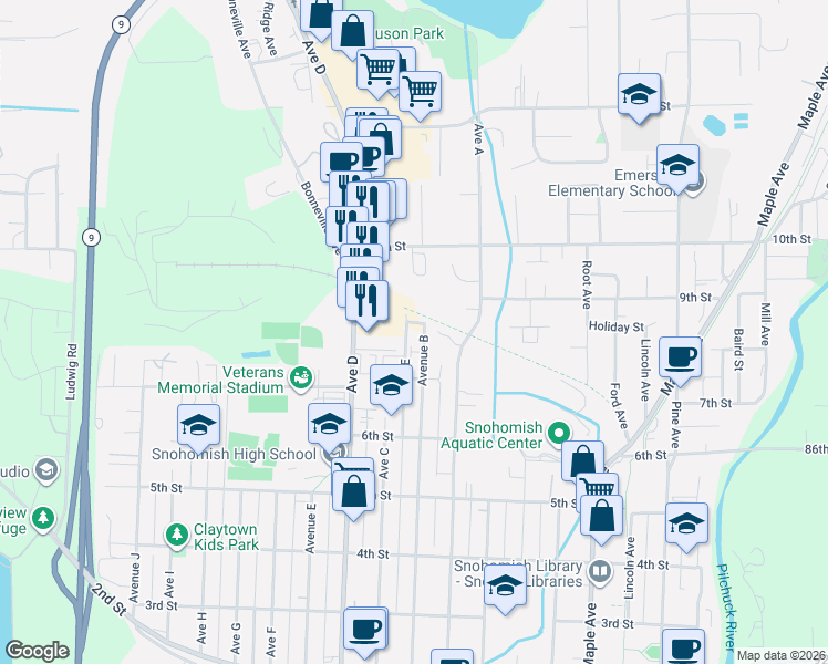 map of restaurants, bars, coffee shops, grocery stores, and more near 726 Avenue B in Snohomish