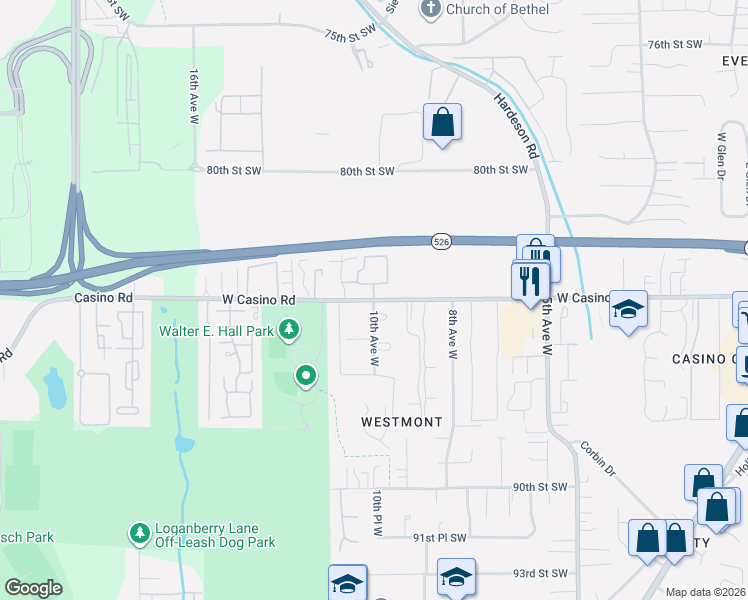 map of restaurants, bars, coffee shops, grocery stores, and more near 1001 West Casino Road in Everett