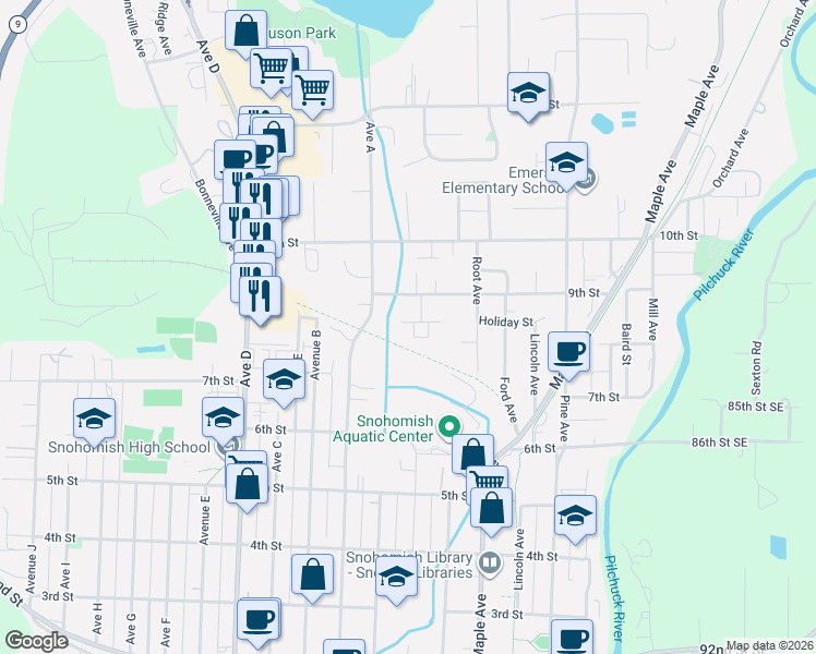 map of restaurants, bars, coffee shops, grocery stores, and more near 728 Union Avenue in Snohomish