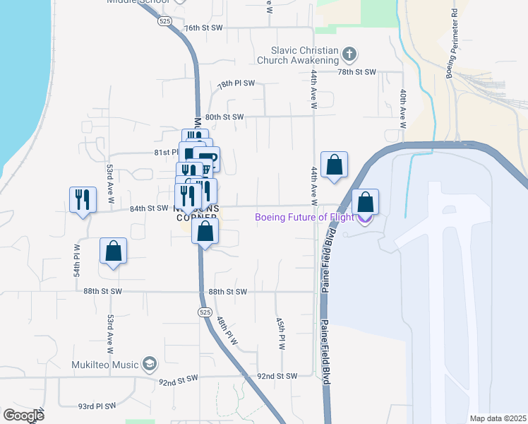 map of restaurants, bars, coffee shops, grocery stores, and more near 8505 46th Place West in Mukilteo