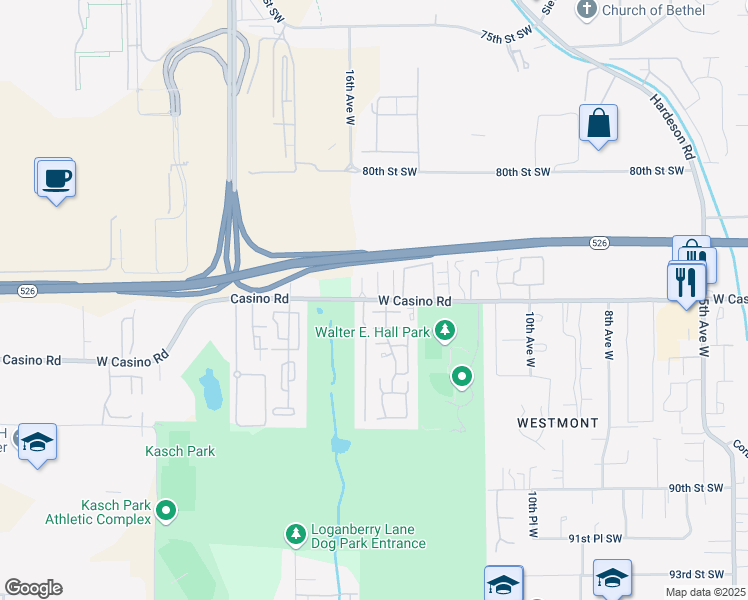 map of restaurants, bars, coffee shops, grocery stores, and more near 1505 Casino Road in Everett