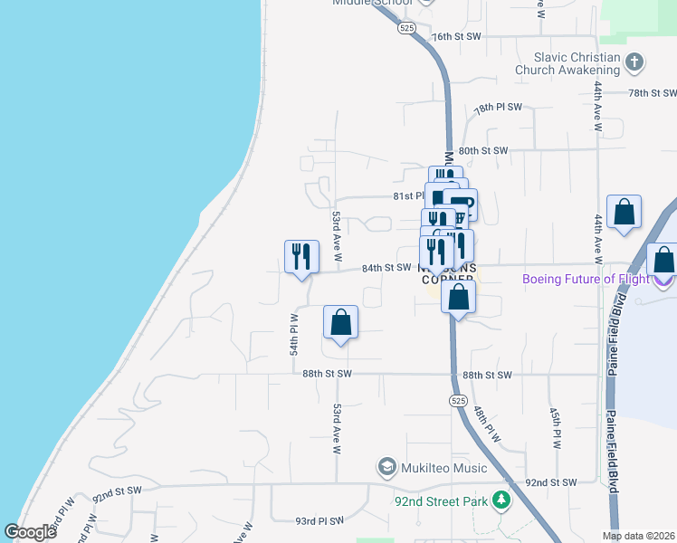 map of restaurants, bars, coffee shops, grocery stores, and more near 8399 53rd Avenue West in Mukilteo