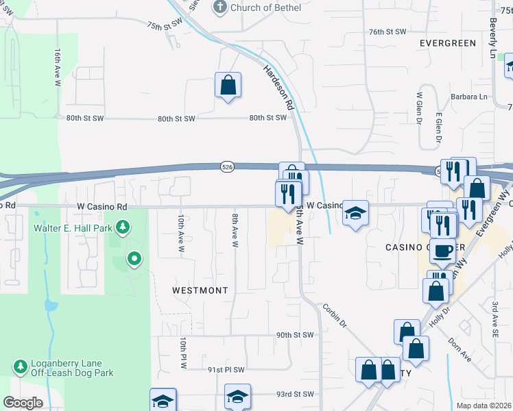 map of restaurants, bars, coffee shops, grocery stores, and more near 605 Casino Road in Everett