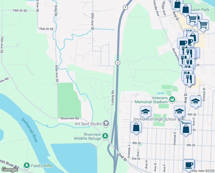 map of restaurants, bars, coffee shops, grocery stores, and more near 2017 8th Place in Snohomish