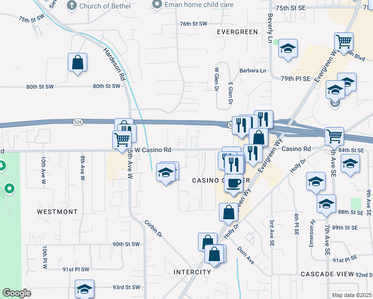 map of restaurants, bars, coffee shops, grocery stores, and more near 103 West Casino Road in Everett