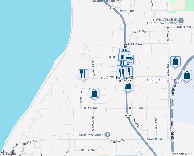 map of restaurants, bars, coffee shops, grocery stores, and more near 5227 84th Street Southwest in Mukilteo
