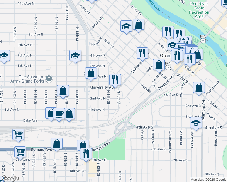 map of restaurants, bars, coffee shops, grocery stores, and more near 1011 University Avenue in Grand Forks
