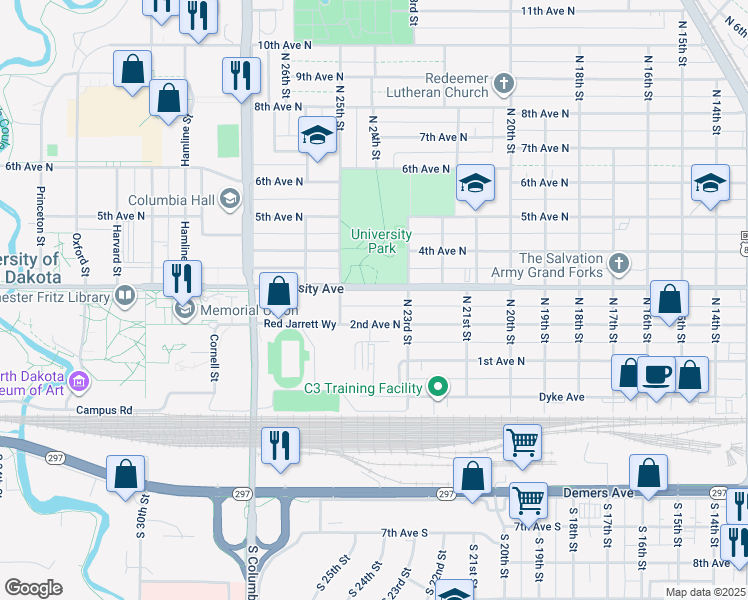 map of restaurants, bars, coffee shops, grocery stores, and more near 2313 University Avenue in Grand Forks
