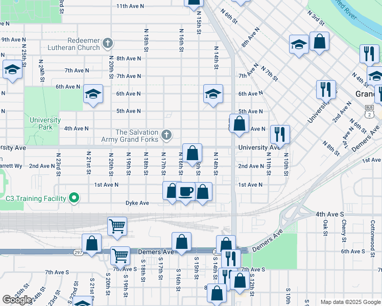 map of restaurants, bars, coffee shops, grocery stores, and more near 1509 University Avenue in Grand Forks