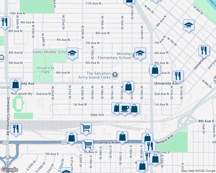 map of restaurants, bars, coffee shops, grocery stores, and more near 1711 University Ave in Grand Forks