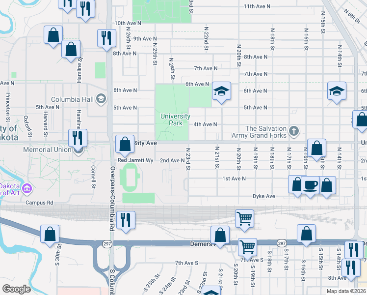 map of restaurants, bars, coffee shops, grocery stores, and more near 2313 University Avenue in Grand Forks