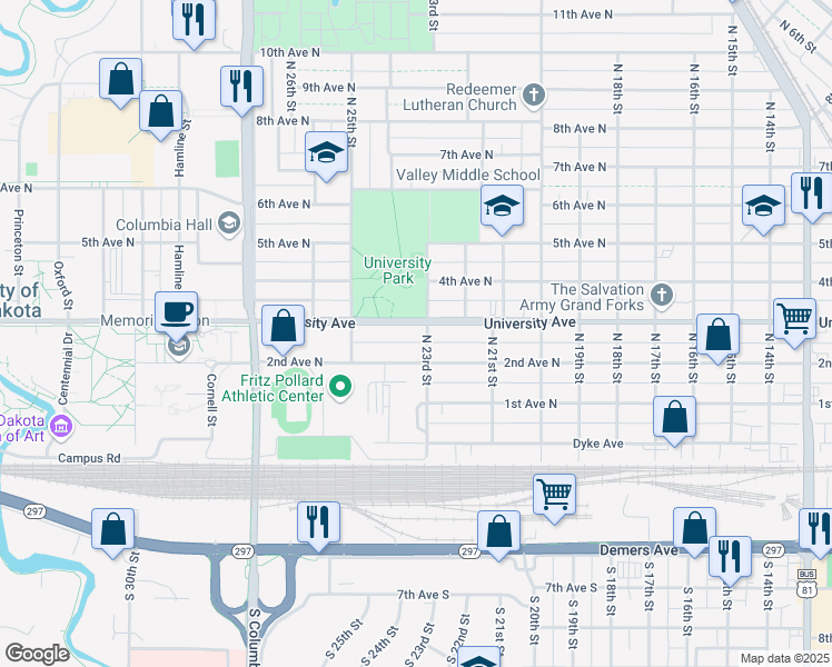 map of restaurants, bars, coffee shops, grocery stores, and more near 2305 University Avenue in Grand Forks