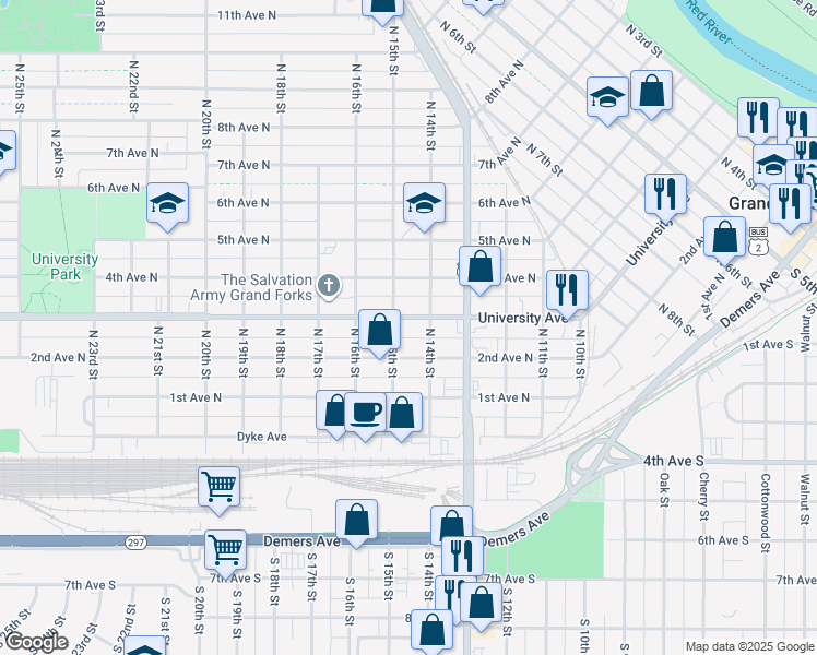 map of restaurants, bars, coffee shops, grocery stores, and more near 1413 University Avenue in Grand Forks