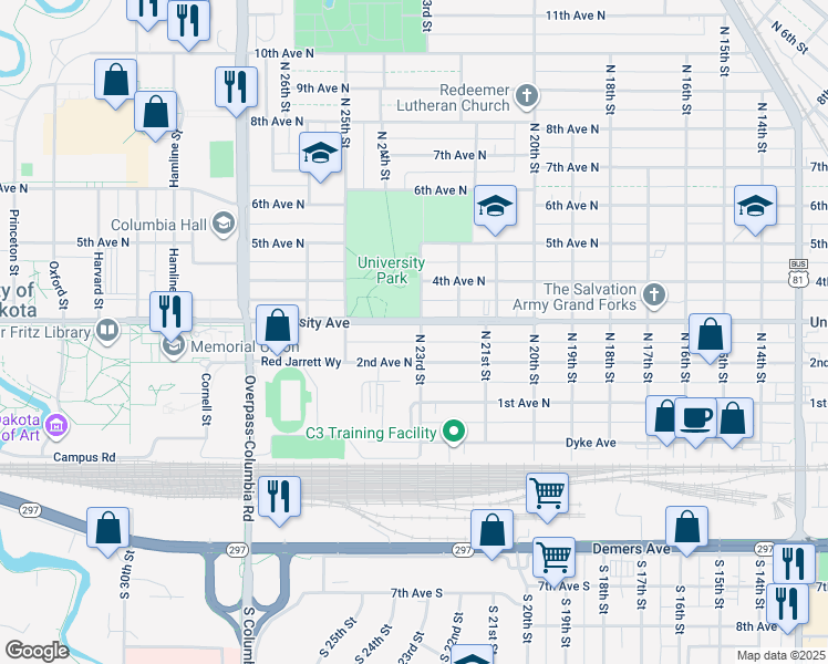 map of restaurants, bars, coffee shops, grocery stores, and more near 2301 University Avenue in Grand Forks