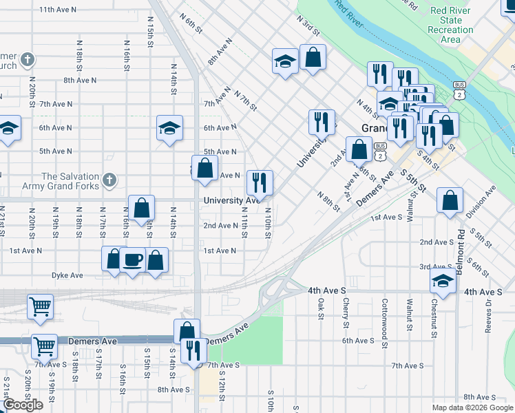 map of restaurants, bars, coffee shops, grocery stores, and more near 1013 University Avenue in Grand Forks