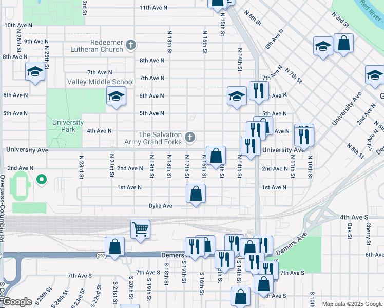 map of restaurants, bars, coffee shops, grocery stores, and more near 1617 University Avenue in Grand Forks