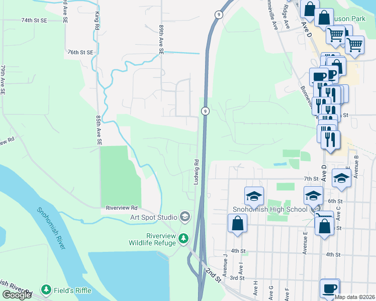 map of restaurants, bars, coffee shops, grocery stores, and more near 2017 8th Place in Snohomish