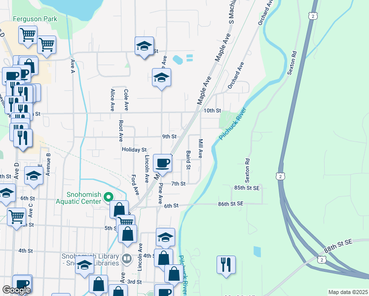 map of restaurants, bars, coffee shops, grocery stores, and more near 816 Baird Street in Snohomish