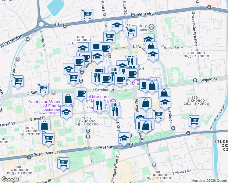 map of restaurants, bars, coffee shops, grocery stores, and more near Sambuu Street in Ulaanbaatar