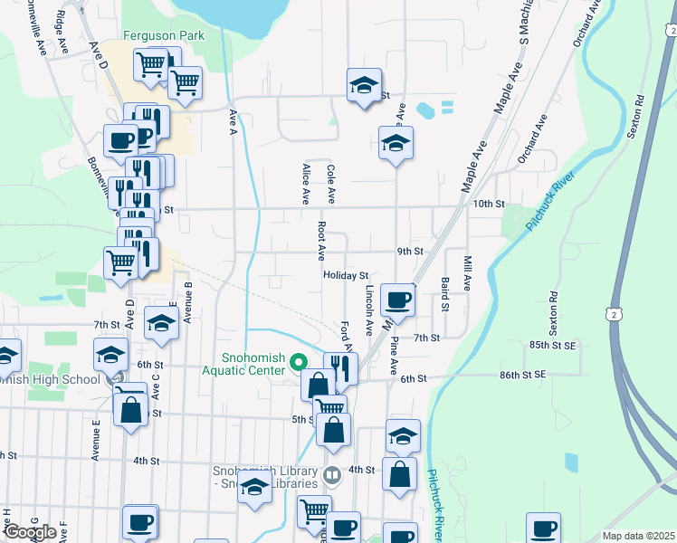 map of restaurants, bars, coffee shops, grocery stores, and more near 820 Ford Avenue in Snohomish