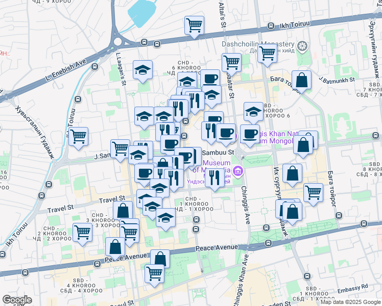 map of restaurants, bars, coffee shops, grocery stores, and more near Sambuu Street in Ulaanbaatar