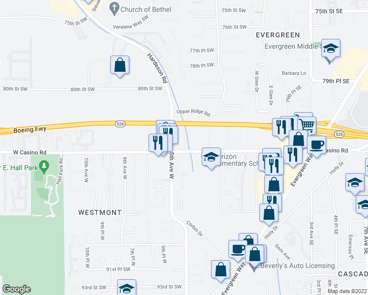 map of restaurants, bars, coffee shops, grocery stores, and more near 425 West Casino Road in Everett