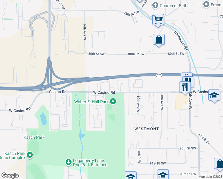 map of restaurants, bars, coffee shops, grocery stores, and more near 1305 West Casino Road in Everett