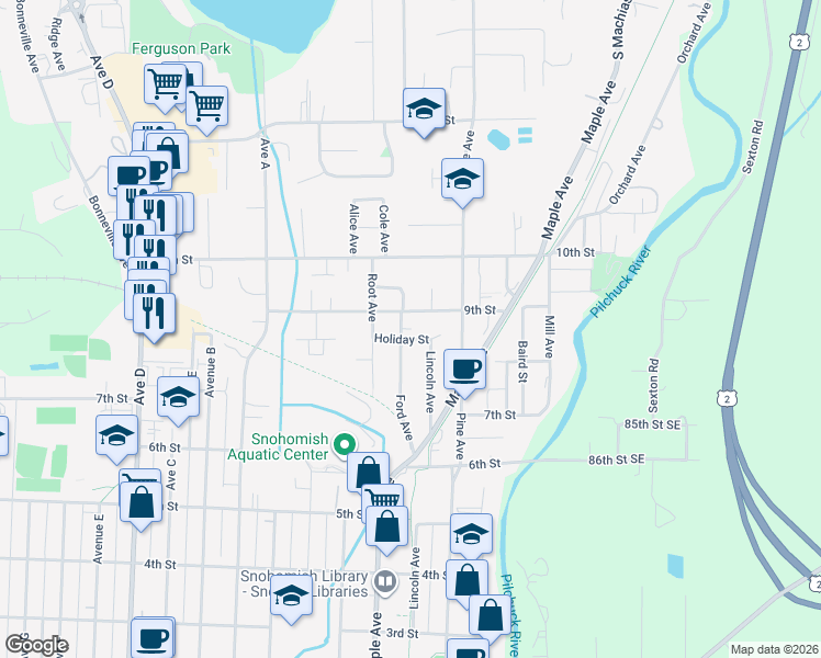 map of restaurants, bars, coffee shops, grocery stores, and more near 820 Ford Avenue in Snohomish