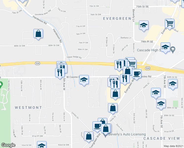 map of restaurants, bars, coffee shops, grocery stores, and more near 103 West Casino Road in Everett