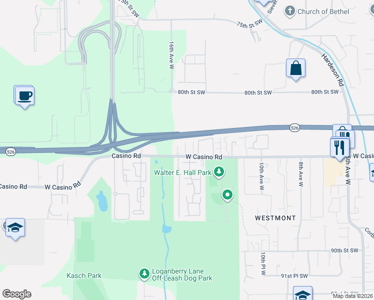 map of restaurants, bars, coffee shops, grocery stores, and more near 1505 Casino Road in Everett