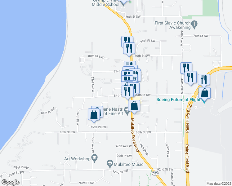 map of restaurants, bars, coffee shops, grocery stores, and more near 5025 84th Street Southwest in Mukilteo