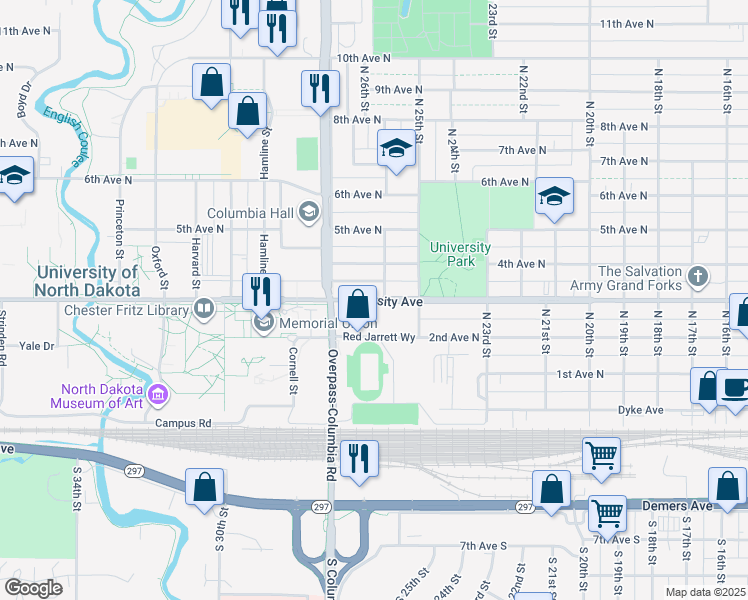 map of restaurants, bars, coffee shops, grocery stores, and more near 2601 University Avenue in Grand Forks
