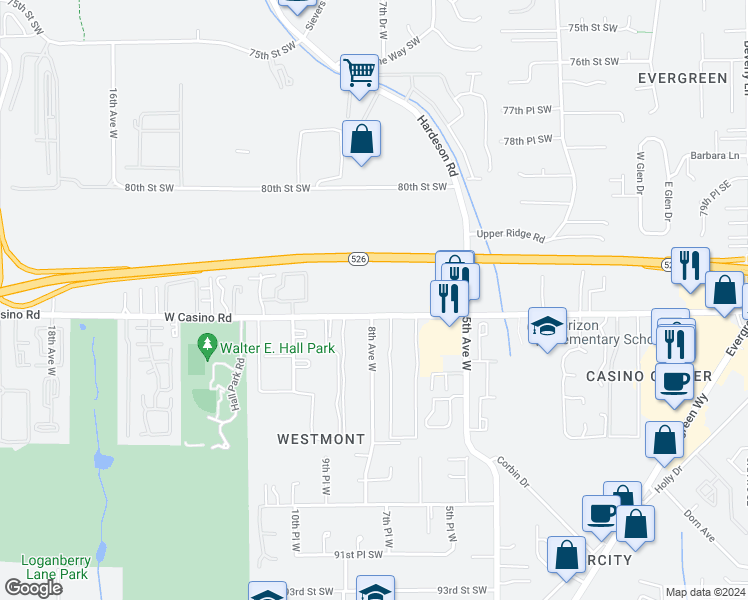 map of restaurants, bars, coffee shops, grocery stores, and more near 805 West Casino Road in Everett