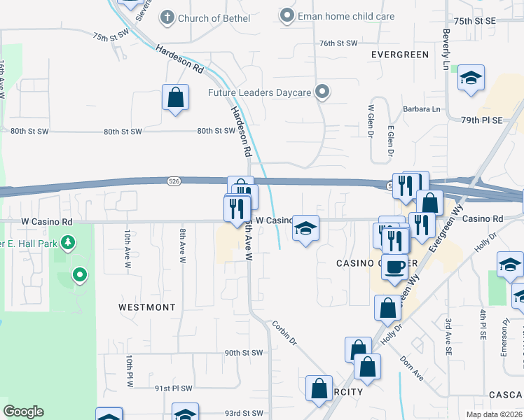map of restaurants, bars, coffee shops, grocery stores, and more near 425 West Casino Road in Everett