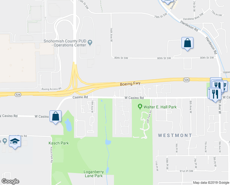 map of restaurants, bars, coffee shops, grocery stores, and more near 1505 Casino Road in Everett