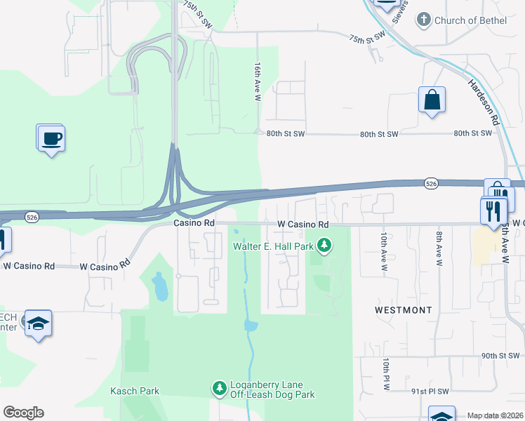 map of restaurants, bars, coffee shops, grocery stores, and more near 1515 West Casino Road in Everett