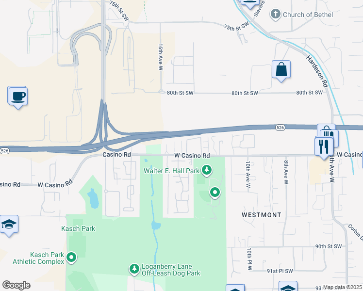 map of restaurants, bars, coffee shops, grocery stores, and more near 1505 Casino Road in Everett