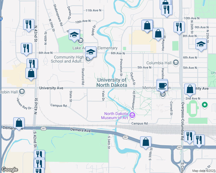 map of restaurants, bars, coffee shops, grocery stores, and more near Fitness Trail in Grand Forks